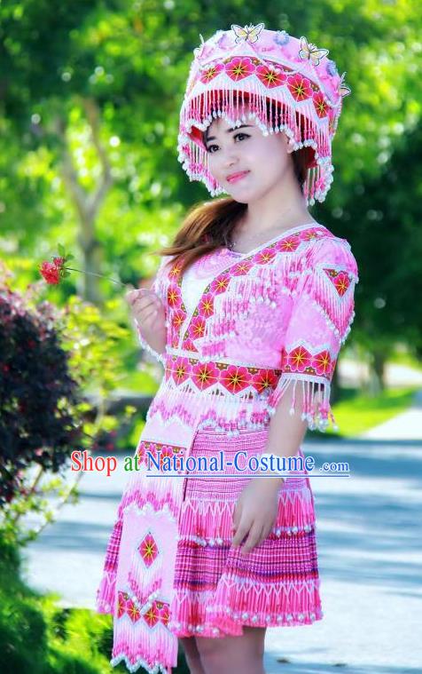 China Ethnic Folk Dance Pink Short Dress Miao Minority Costumes Miao Nationality Women Apparels and Headdress