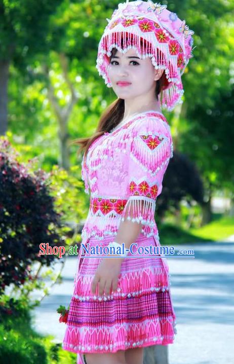 China Ethnic Folk Dance Pink Short Dress Miao Minority Costumes Miao Nationality Women Apparels and Headdress