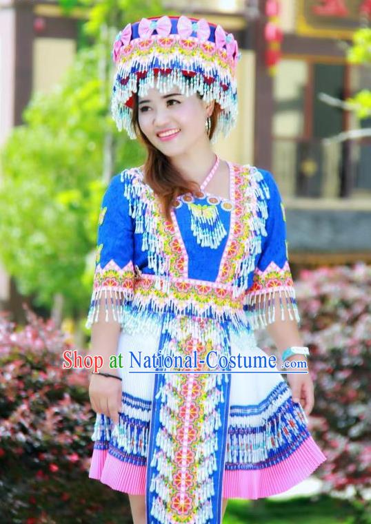 China Miao Ethnic Folk Dance Royalblue Short Dress Minority Nationality Costumes Women Apparels and Headwear