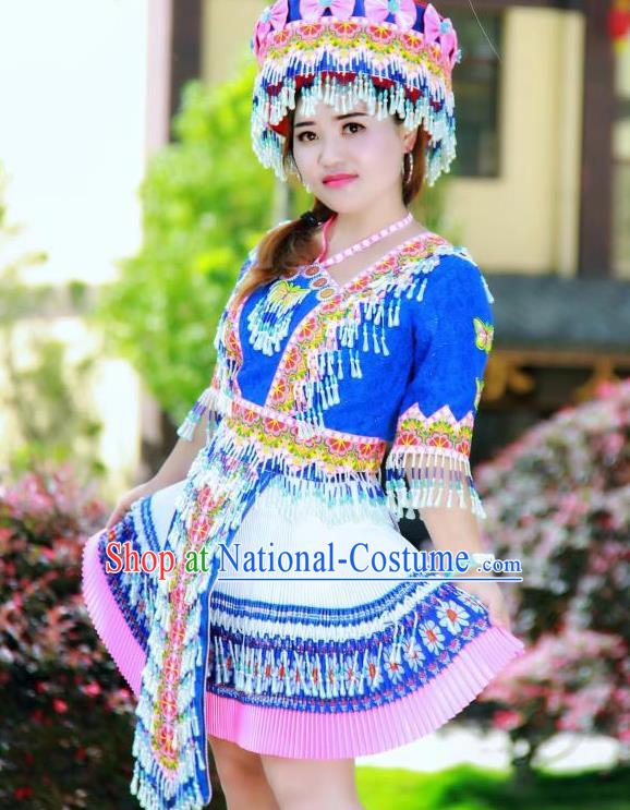 China Miao Ethnic Folk Dance Royalblue Short Dress Minority Nationality Costumes Women Apparels and Headwear