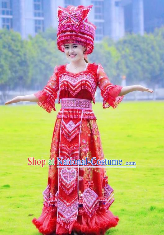 China Ethnic Women Red Wedding Dress Miao Minority Bride Costumes Yunnan Nationality Women Apparels with Headdress