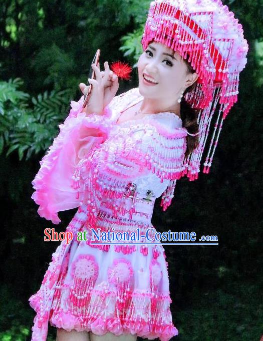 China Yao Ethnic Women Short Dress Yunnan Nationality Women Folk Dance Apparels Miao Minority Costumes with Headwear