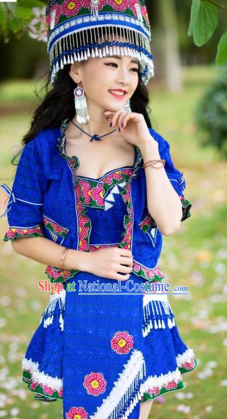 China Ethnic Folk Dance Sexy Short Dress Yunnan Nationality Apparels Miao Minority Women Clothing with Hat