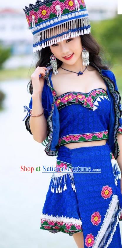 China Ethnic Folk Dance Sexy Short Dress Yunnan Nationality Apparels Miao Minority Women Clothing with Hat