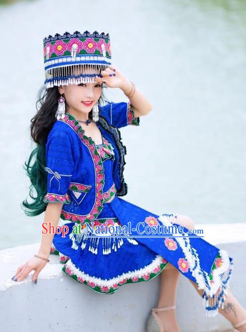 China Ethnic Folk Dance Sexy Short Dress Yunnan Nationality Apparels Miao Minority Women Clothing with Hat