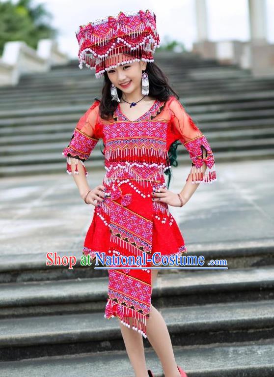 China Ethnic Princess Red Short Dress Miao Minority Women Clothing Yunnan Nationality Apparels with Hat