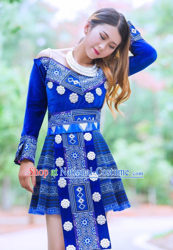 China Yunnan Nationality Royalblue Velvet Blouse and Short Skirt Miao Minority Folk Dance Clothing Wenshan Ethnic Women Apparels