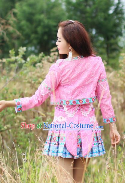 China Nationality Wedding Pink Blouse and Short Skirt Miao Minority Folk Dance Clothing Ethnic Bride Apparels and Headwear