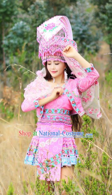 China Nationality Wedding Pink Blouse and Short Skirt Miao Minority Folk Dance Clothing Ethnic Bride Apparels and Headwear