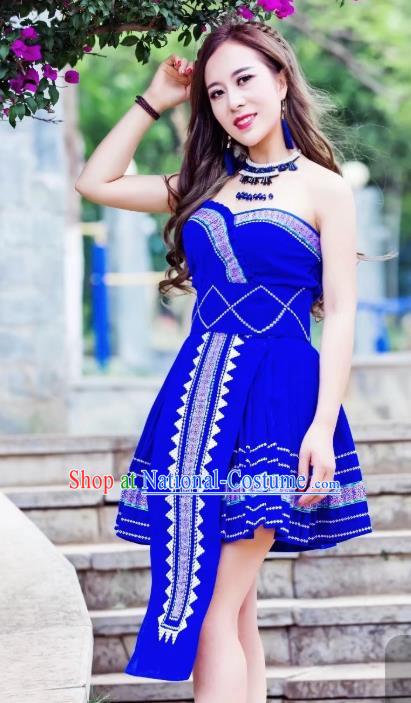 China Miao Nationality Royalblue Velvet Short Dress Minority Folk Dance Clothing Ethnic Women Apparels