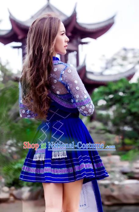 China Miao Nationality Royalblue Velvet Short Dress Minority Folk Dance Clothing Ethnic Women Apparels