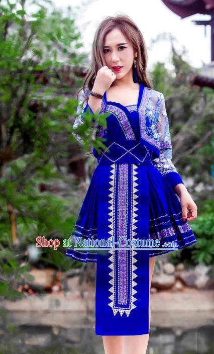 China Miao Nationality Royalblue Velvet Short Dress Minority Folk Dance Clothing Ethnic Women Apparels