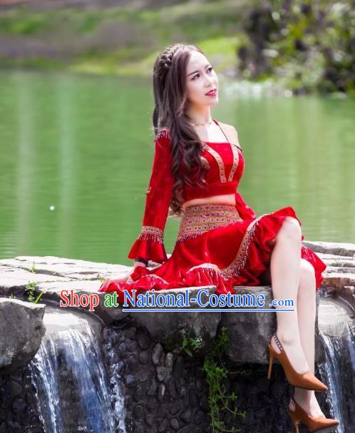 China Ethnic Women Apparels Miao Nationality Red Velvet Blouse and Short Skirt Minority Folk Dance Clothing