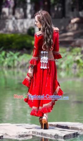 China Ethnic Women Apparels Miao Nationality Red Velvet Blouse and Short Skirt Minority Folk Dance Clothing