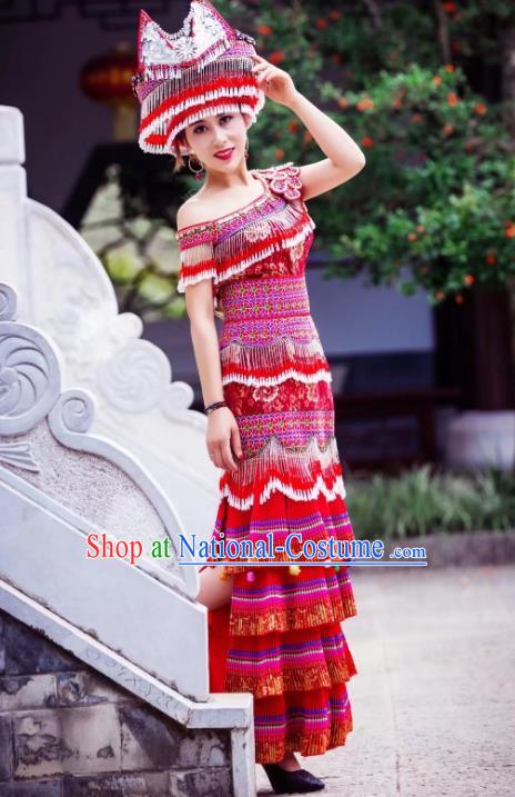 Yunnan Mengzi Ethnic Women Apparels Minority Wedding Red Long Dress China Miao Nationality Clothing and Headwear