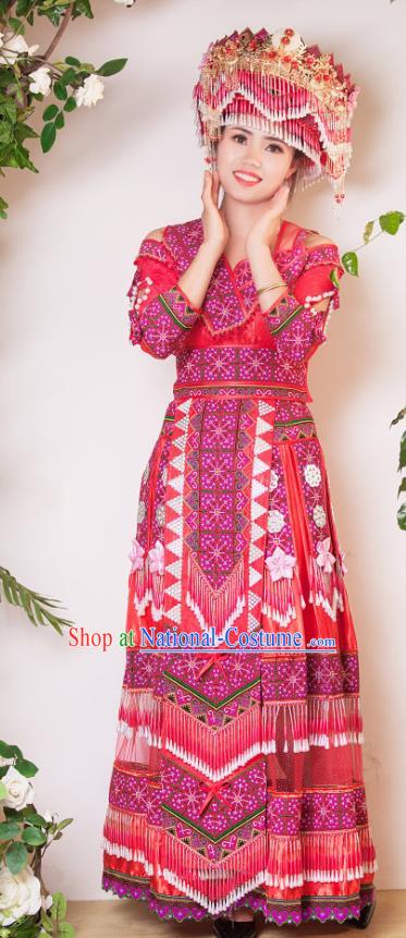 China Yunnan Nationality Bride Apparels Miao Minority Wedding Clothing Yao Ethnic Embroidered Red Dress and Hair Accessories