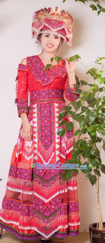 China Yunnan Nationality Bride Apparels Miao Minority Wedding Clothing Yao Ethnic Embroidered Red Dress and Hair Accessories