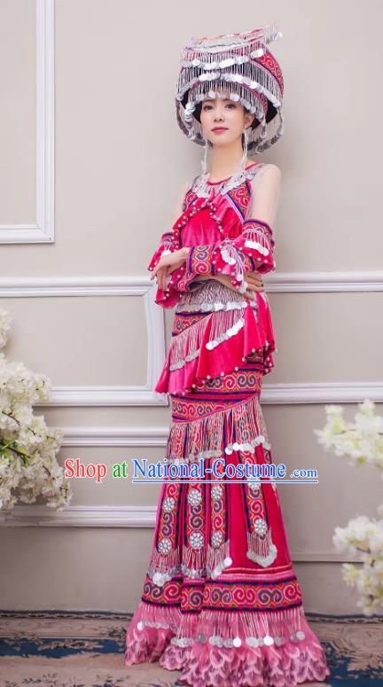 China Guizhou Nationality Bride Apparels Miao Minority Wedding Clothing Ethnic Embroidered Rosy Velvet Long Dress and Headwear