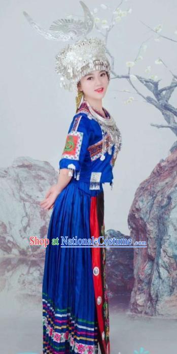 China Miao Minority Traditional Festival Apparels Ethnic Celebration Clothing Hmong Embroidered Royalblue Blouse and Skirt with Headdress