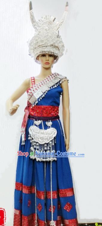 China Miao Minority Royalblue Blouse and Skirt Traditional Hmong Festival Apparels Ethnic Celebration Clothing with Headwear