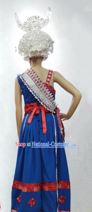 China Miao Minority Royalblue Blouse and Skirt Traditional Hmong Festival Apparels Ethnic Celebration Clothing with Headwear