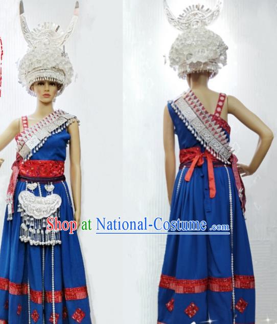 China Miao Minority Royalblue Blouse and Skirt Traditional Hmong Festival Apparels Ethnic Celebration Clothing with Headwear