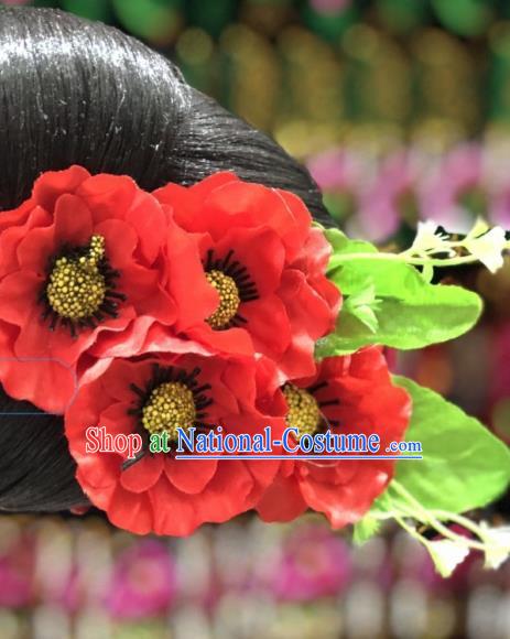 China Miao Ethnic Bride Hair Accessories Minority Nationality Headwear Red Flowers Hair Stick