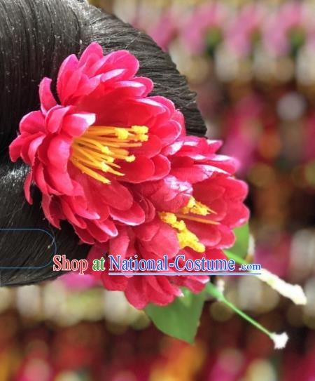 China Handmade Red Chrysanthemum Hair Stick Ethnic Wedding Hair Accessories Miao Minority Nationality Women Headwear