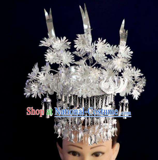 China Miao Nationality Stage Performance Hair Accessories Handmade Ethnic Minority Jewelry Bride Silver Phoenix Coronet