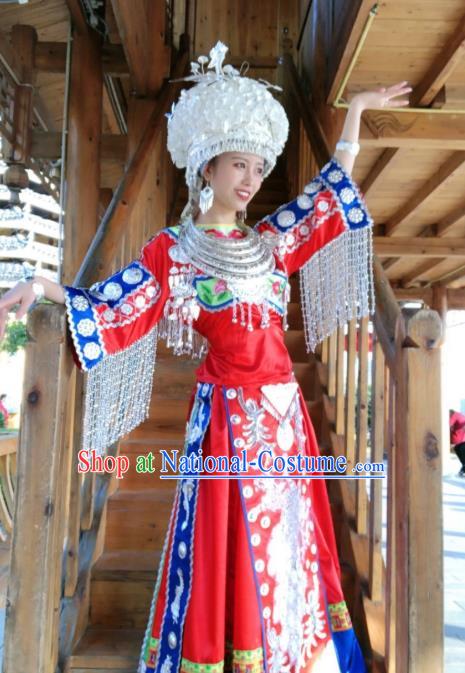 China Minority Embroidered Red Blouse and Skirt Traditional Ethnic Bride Apparels Miao Nationality Wedding Clothing with Headwear