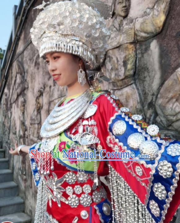 China Minority Embroidered Red Blouse and Skirt Traditional Ethnic Bride Apparels Miao Nationality Wedding Clothing with Headwear