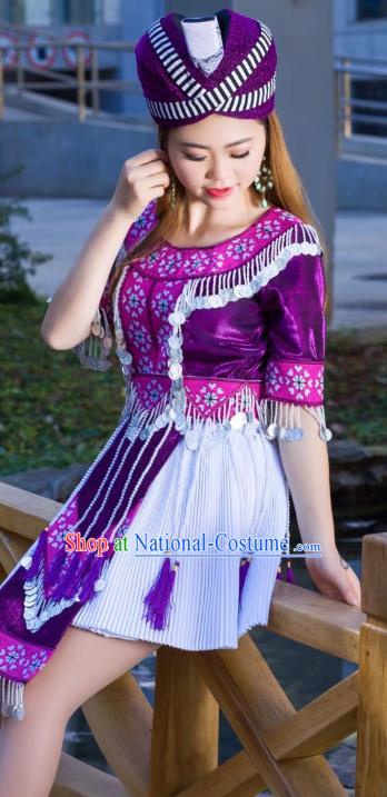 China Ethnic Female Purple Blouse and Short Pleated Skirt Yunnan Miao Minority Clothing and Hat