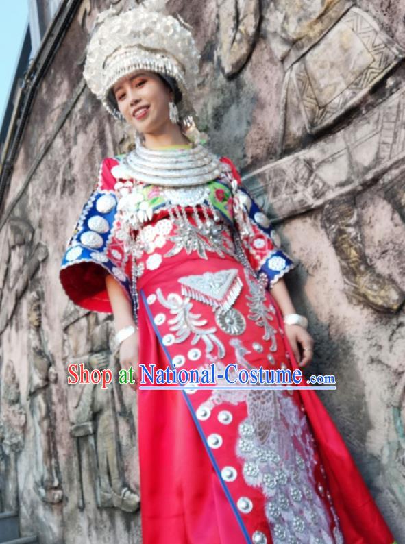 China Minority Embroidered Red Blouse and Skirt Traditional Ethnic Bride Apparels Miao Nationality Wedding Clothing with Headwear