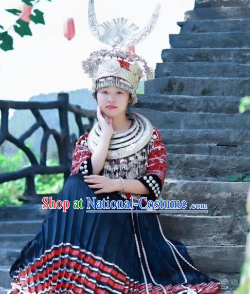 China Miao Minority Embroidered Blouse and Skirt Traditional Nationality Folk Dance Apparels Ethnic Festival Clothing with Headwear