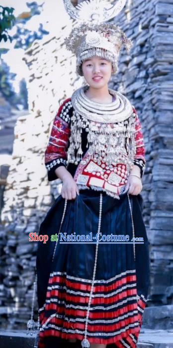 China Miao Minority Embroidered Blouse and Skirt Traditional Nationality Folk Dance Apparels Ethnic Festival Clothing with Headwear