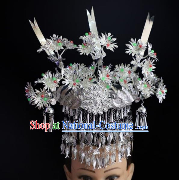 China Miao Nationality Colorful Beads Phoenix Coronet Hair Accessories Handmade Ethnic Minority Jewelry Bride Silver Fish Tassel Headwear