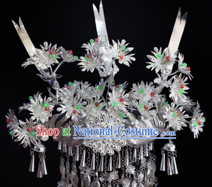 China Miao Nationality Colorful Beads Phoenix Coronet Hair Accessories Handmade Ethnic Minority Jewelry Bride Silver Fish Tassel Headwear