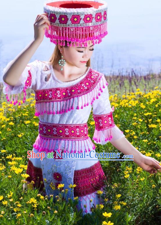 China Yunnan Ethnic Rosy Beads Tassel Blouse and Short Pleated Skirt Miao Minority Folk Dance Costume with Headwear