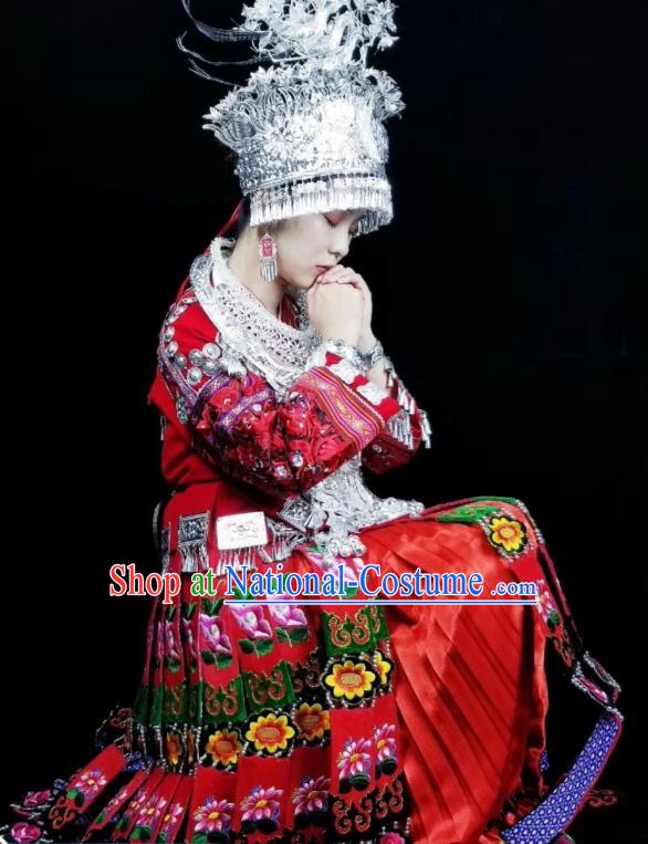 China Xiangxi Miao Minority Wedding Red Blouse and Skirt Traditional Ethnic Festival Apparels Bride Clothing with Headdress