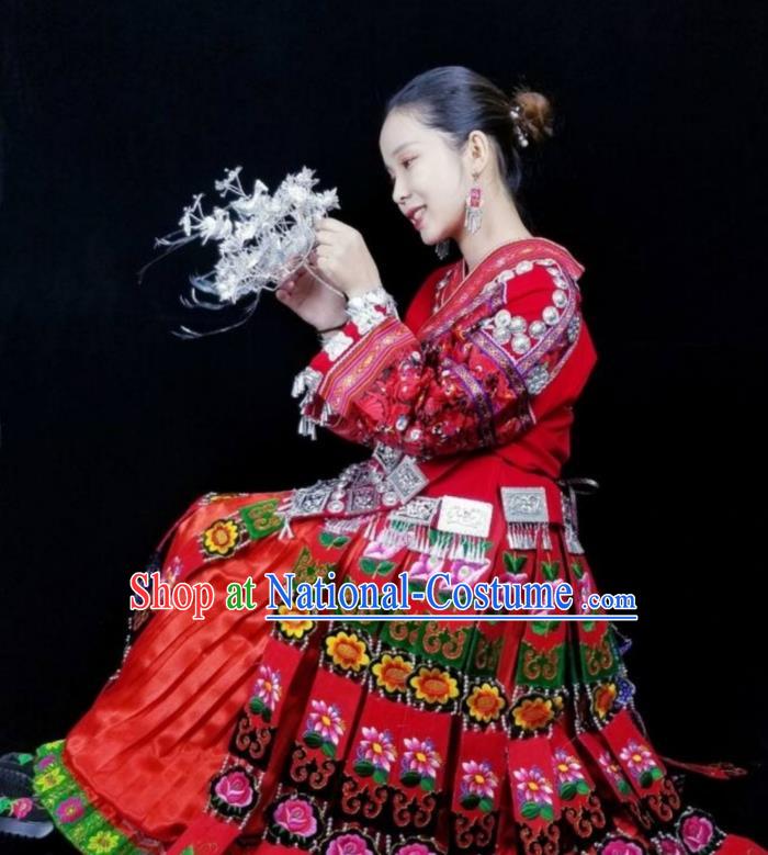 China Xiangxi Miao Minority Wedding Red Blouse and Skirt Traditional Ethnic Festival Apparels Bride Clothing with Headdress