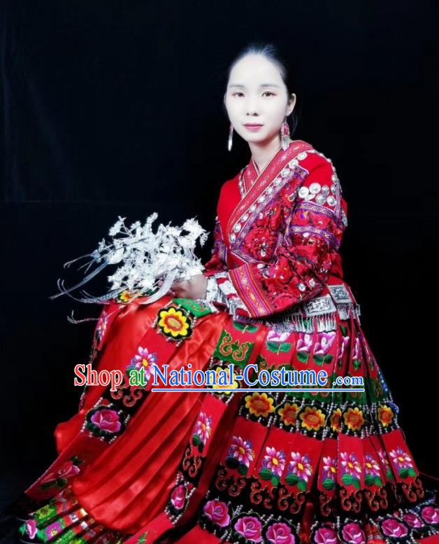 China Xiangxi Miao Minority Wedding Red Blouse and Skirt Traditional Ethnic Festival Apparels Bride Clothing with Headdress