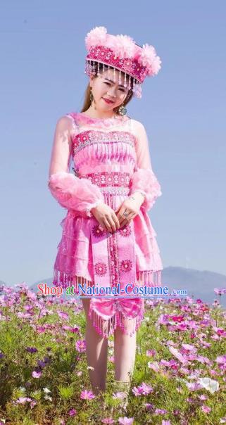 Custom China Minority Costume Yunnan Wenshan Miao Ethnic Female Pink Dress with Round Hat