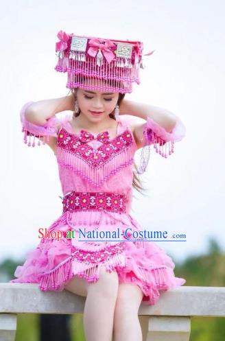 Top Grade Stage Performance Clothing Ethnic Folk Dance Apparels China Miao Minority Women Pink Costume with Rosy Beads Tassel Headwear