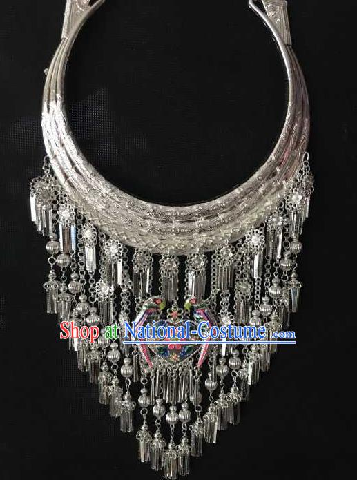 Chinese Handmade Silver Longevity Lock Yunnan Miao Ethnic Bride Jewelry Accessories Blueing Birds Necklace