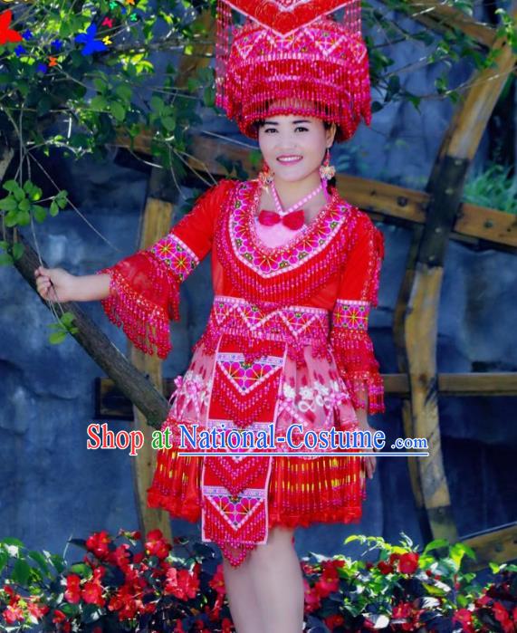 China Ethnic Traditional Festival Clothes Wedding Red Dress Miao Minority Folk Dance Costume and Hat