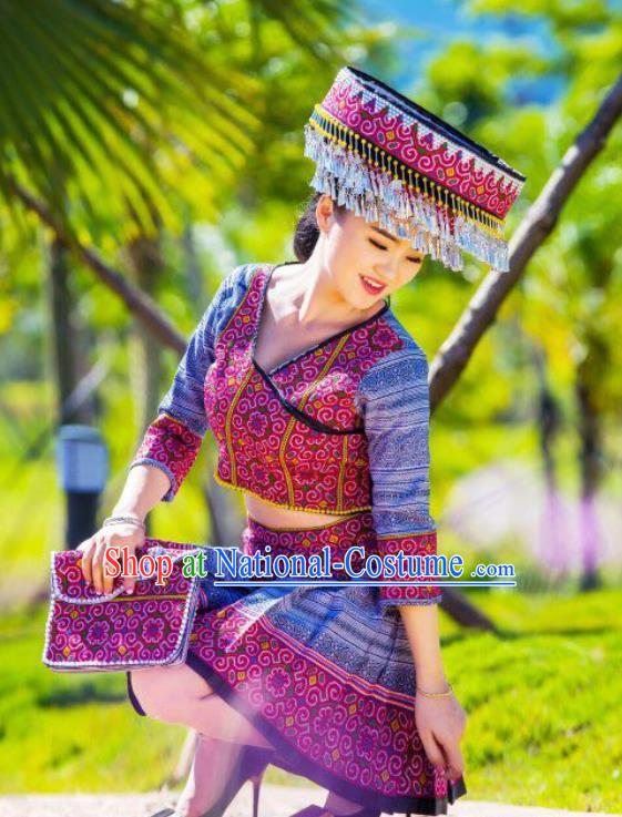 China Traditional Miao Minority Clothing Women Apparels Ethnic Folk Dance Blouse and Skirt with Hat