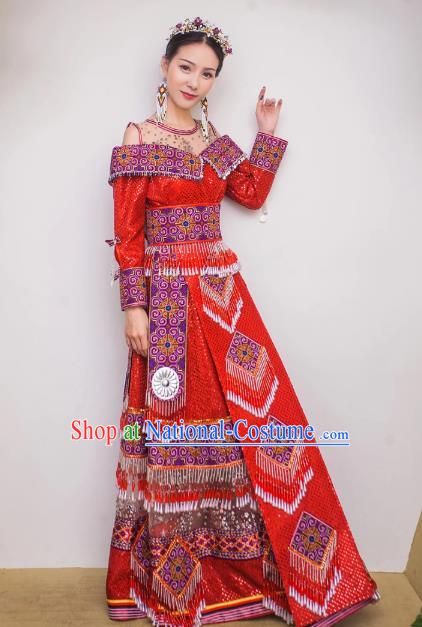 Traditional Yunnan Miao Minority Wedding Red Dress China Ethnic Bride Clothing with Hair Accessories