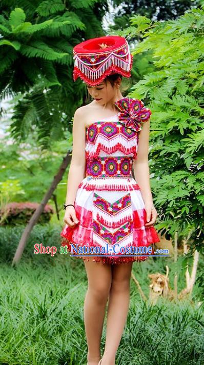 Traditional China Yi Ethnic Female Clothing Women Short Dress Yunnan Minority Clothing and Hat Full Set