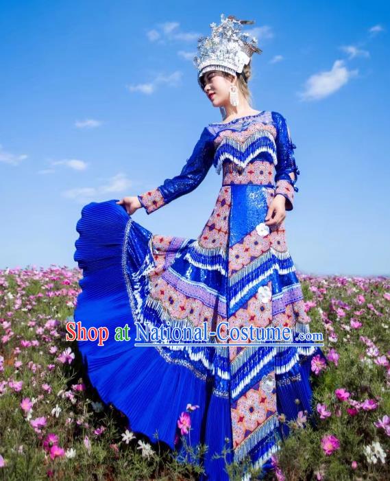 Traditional China Yunnan Mengzi Ethnic Clothing Miao Minority Women Royalblue Dress Hmong Bride Costumes and Hair Accessories