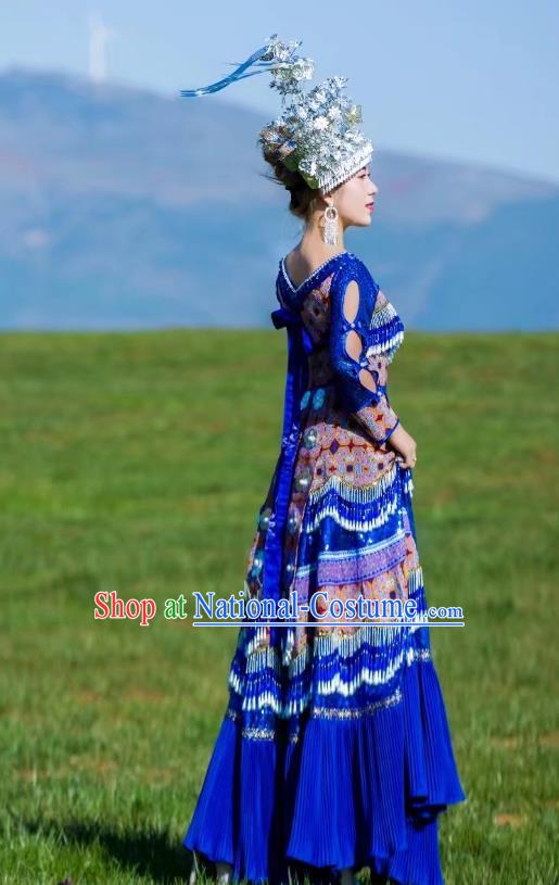 Traditional China Yunnan Mengzi Ethnic Clothing Miao Minority Women Royalblue Dress Hmong Bride Costumes and Hair Accessories